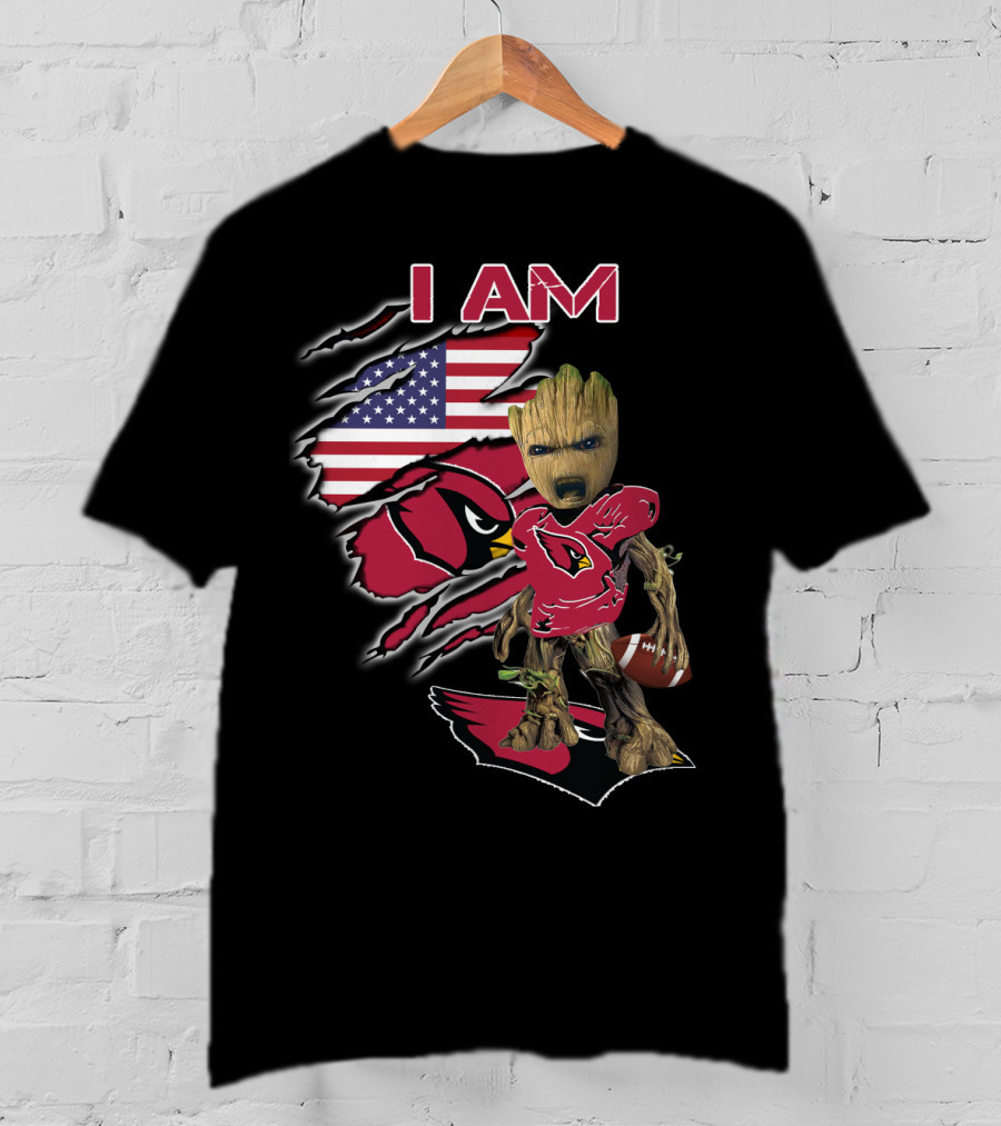 I Am Arizona Cardinals Baby Groot American Flag T-Shirt