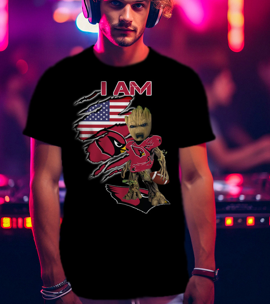 I Am Arizona Cardinals Baby Groot American Flag T-Shirt