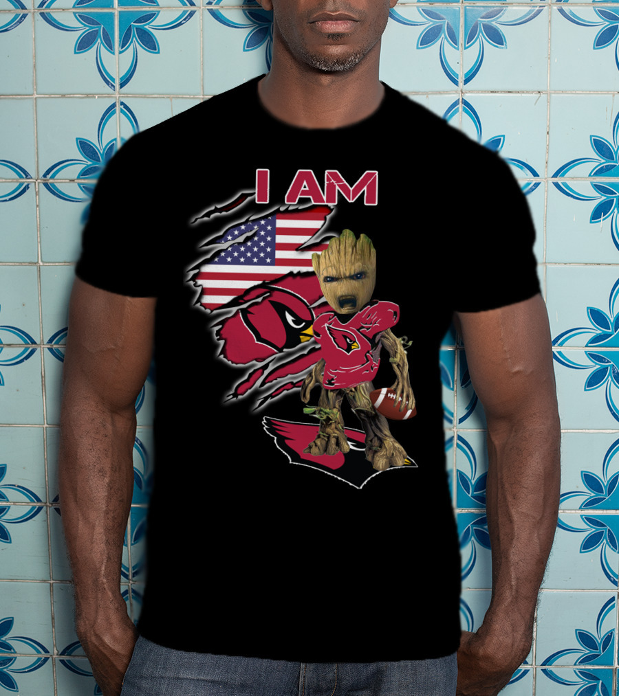 I Am Arizona Cardinals Baby Groot American Flag T-Shirt
