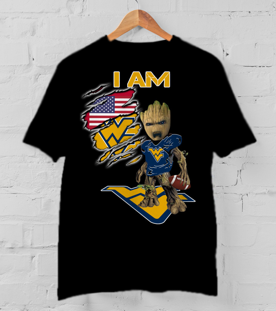 I AM West Virginia Mountaineers Baby Groot Football Fan USA Flag T-Shirt