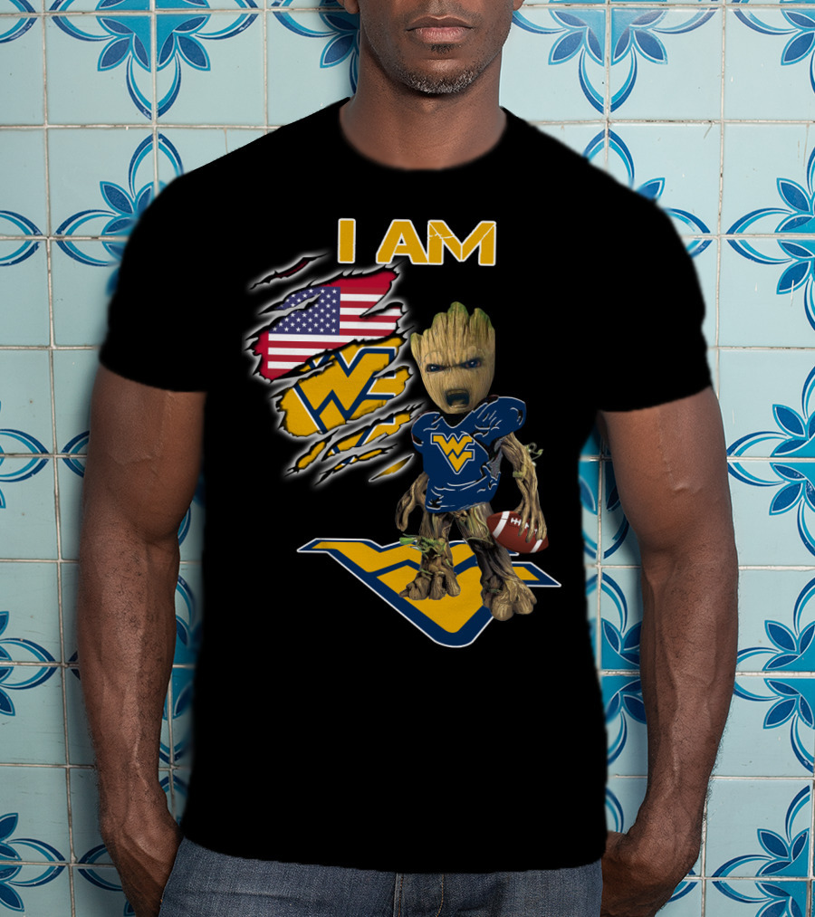 I AM West Virginia Mountaineers Baby Groot Football Fan USA Flag T-Shirt