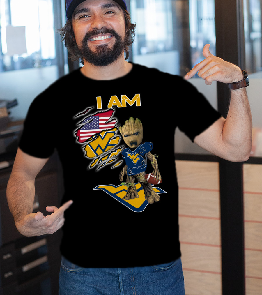 I AM West Virginia Mountaineers Baby Groot Football Fan USA Flag T-Shirt