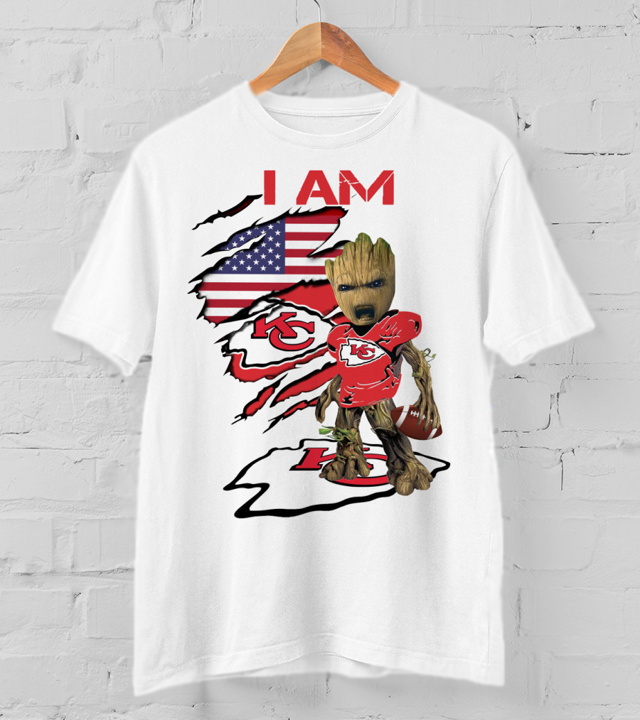 I Am Chiefs Baby Groot American Flag Football KC T-Shirt