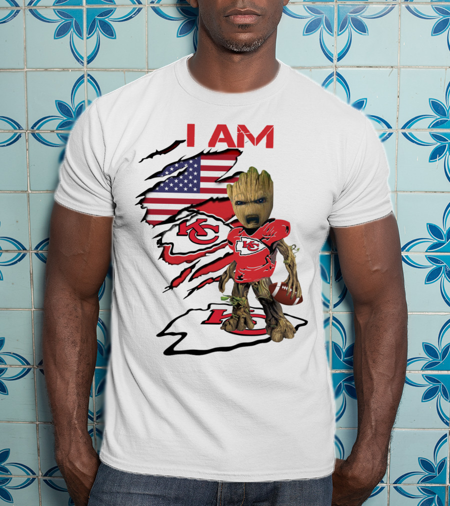 I Am Chiefs Baby Groot American Flag Football KC T-Shirt