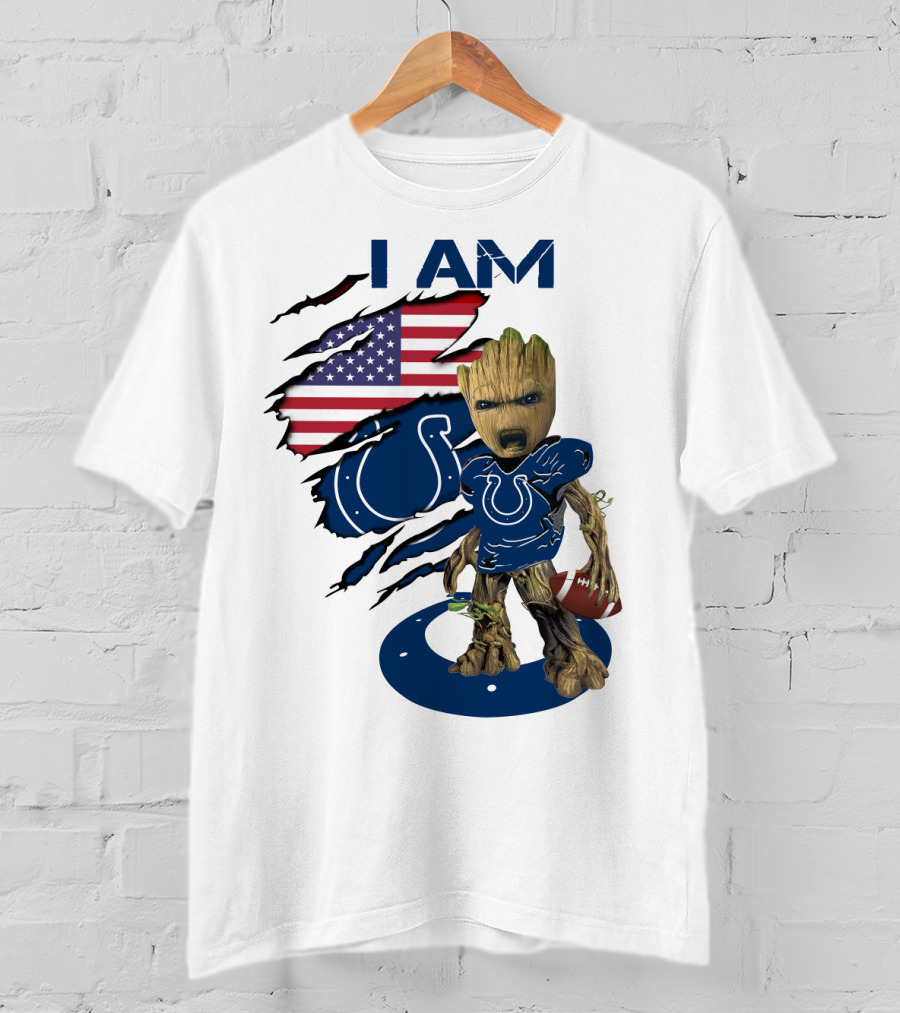 I Am Colts Baby Groot American Flag Football T-Shirt