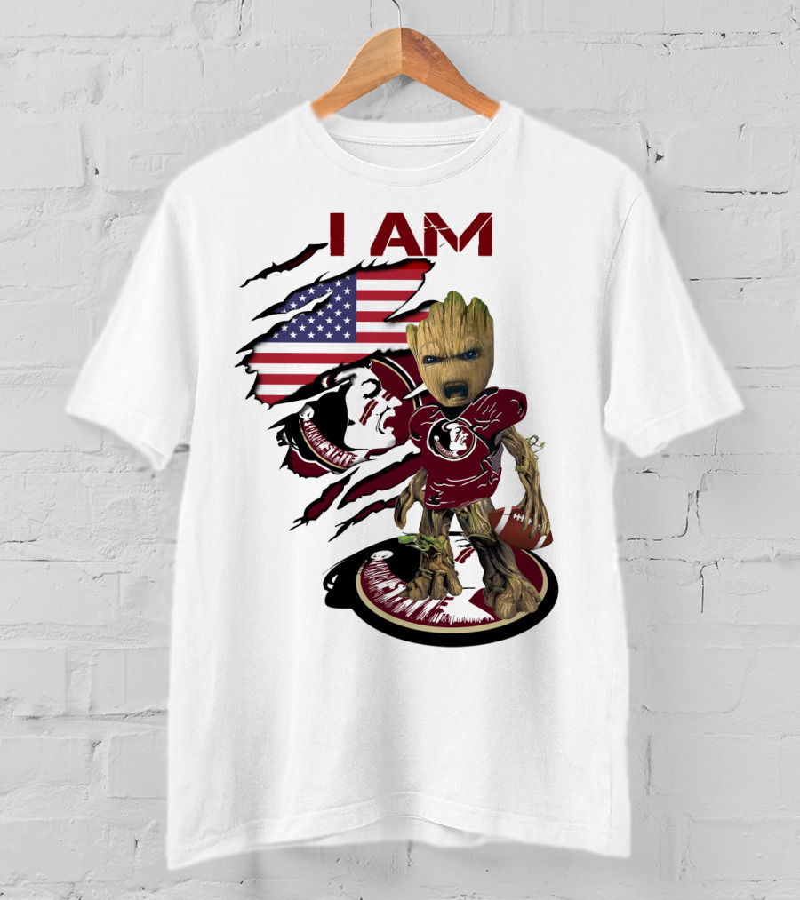 I Am Florida State University Baby Groot With American Flag And Football T-Shirt