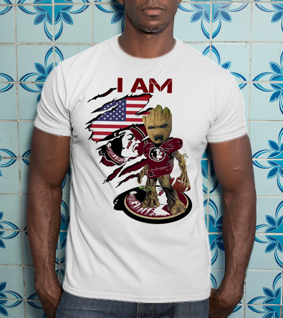 I Am Florida State University Baby Groot With American Flag And Football T-Shirt