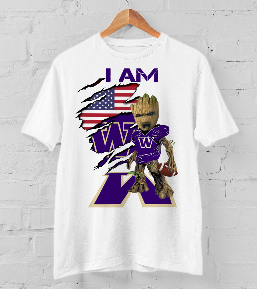 I AM Hukies W Baby Groot Football American Flag T-Shirt