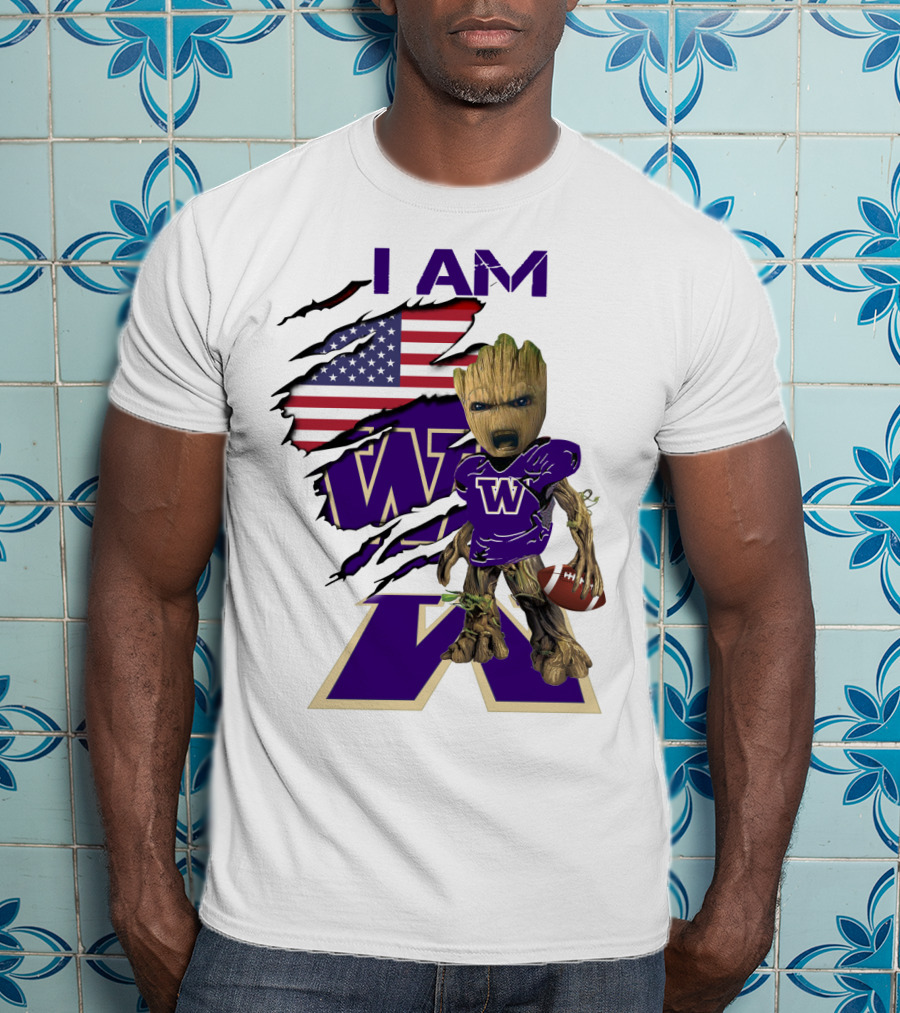 I AM Hukies W Baby Groot Football American Flag T-Shirt