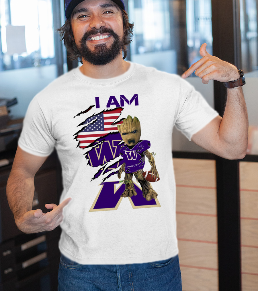 I AM Hukies W Baby Groot Football American Flag T-Shirt