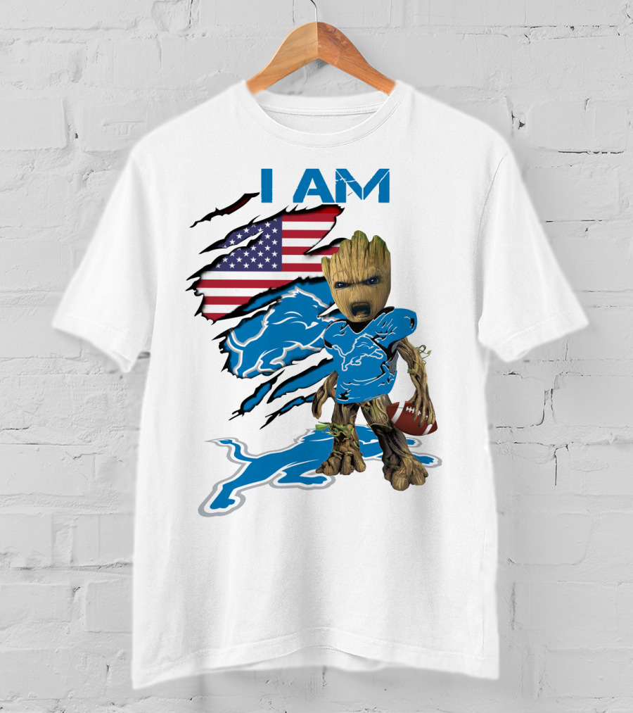 I AM Lions Baby Groot Football American Flag T-Shirt