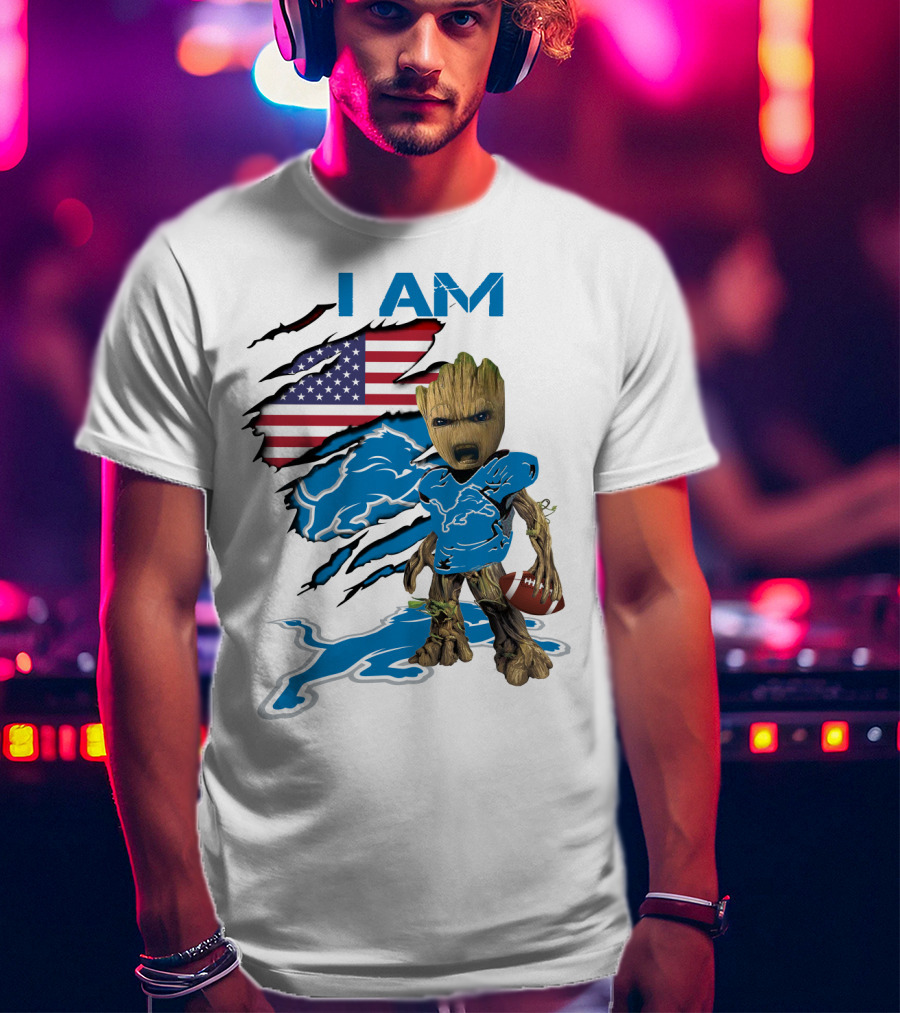 I AM Lions Baby Groot Football American Flag T-Shirt