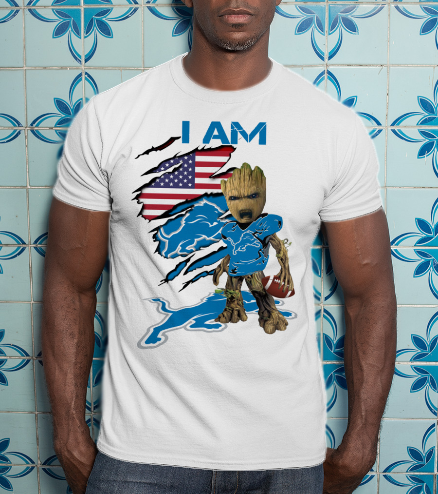 I AM Lions Baby Groot Football American Flag T-Shirt