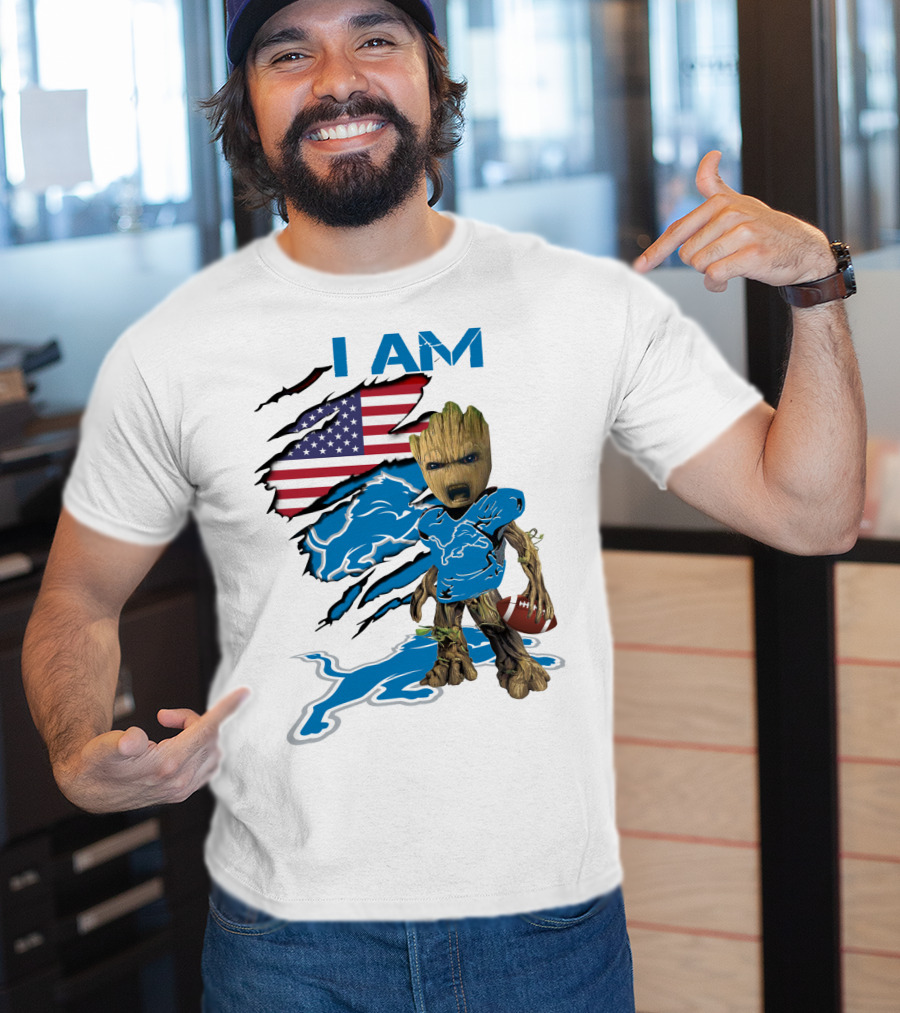 I AM Lions Baby Groot Football American Flag T-Shirt