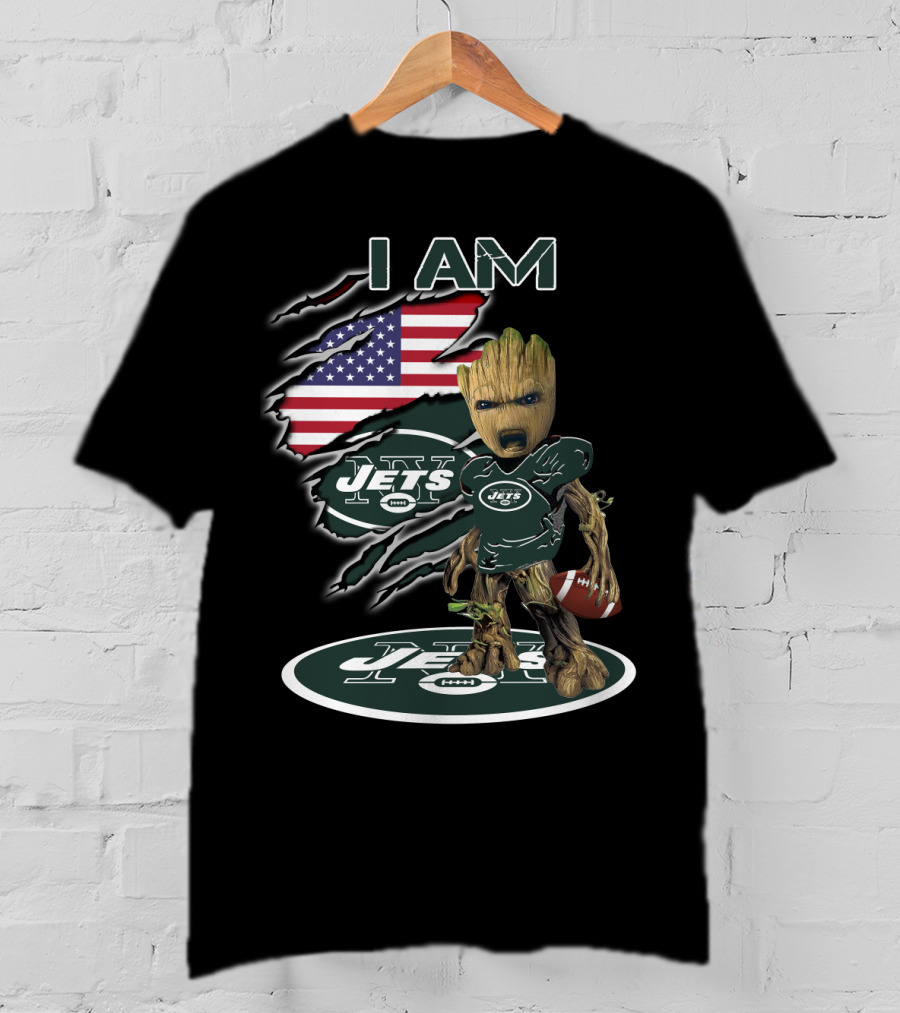 I Am Jets Baby Groot American Flag Football T-Shirt