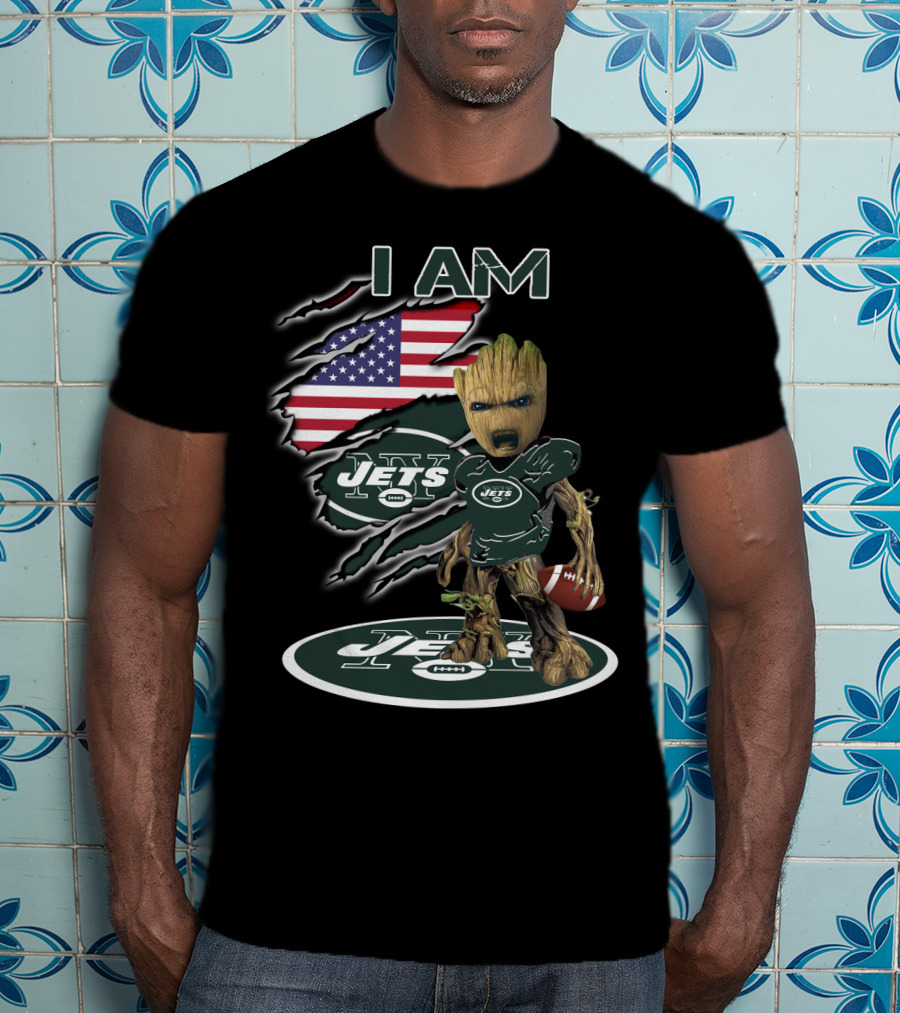 I Am Jets Baby Groot American Flag Football T-Shirt
