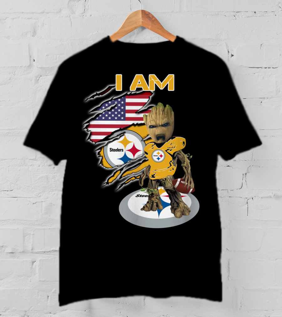 I Am Steelers Baby Groot American Flag Football Nfl Character T-Shirt
