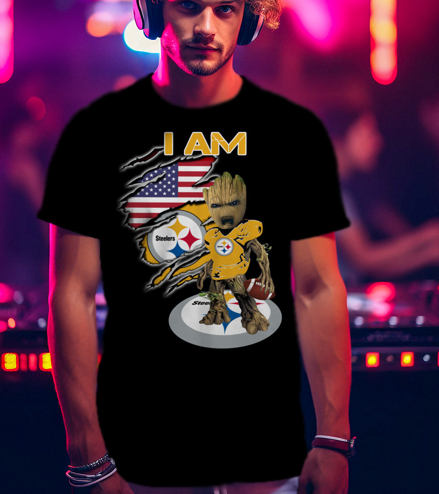 I Am Steelers Baby Groot American Flag Football Nfl Character T-Shirt