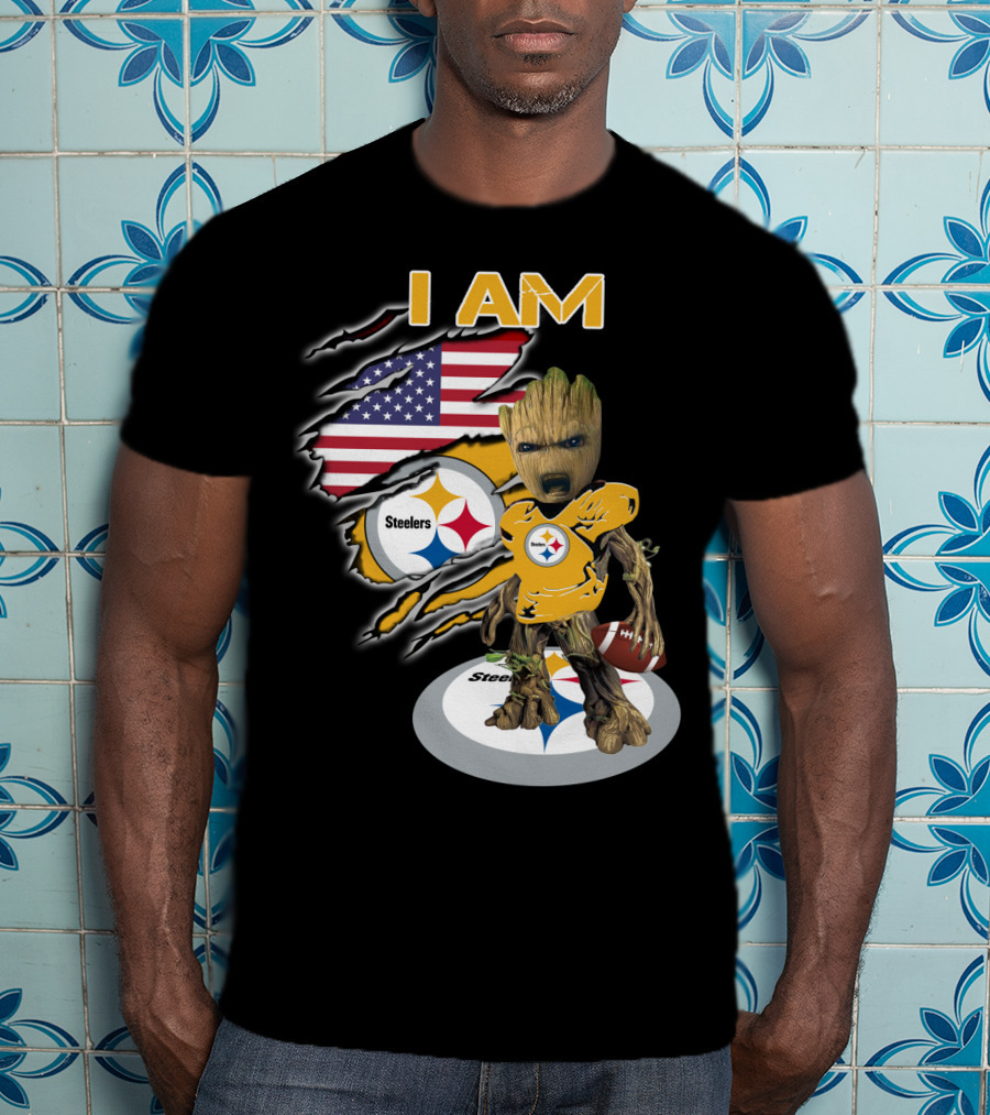 I Am Steelers Baby Groot American Flag Football Nfl Character T-Shirt