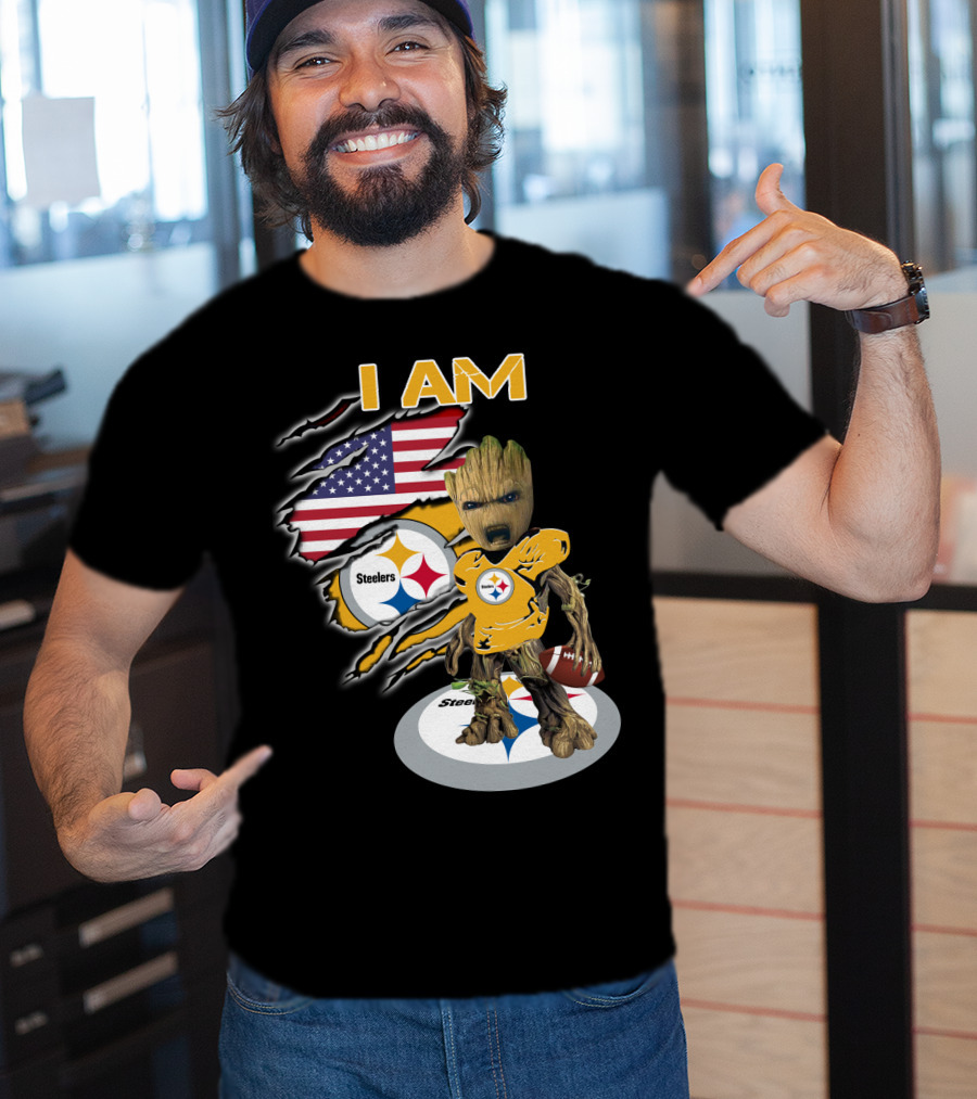 I Am Steelers Baby Groot American Flag Football Nfl Character T-Shirt