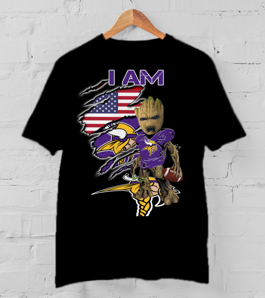 I AM Vikings Baby Groot American Flag Football T-Shirt