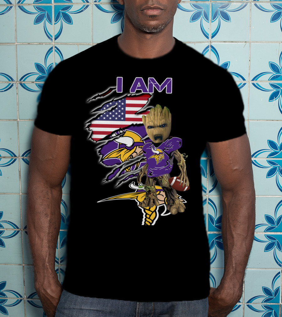 I AM Vikings Baby Groot American Flag Football T-Shirt