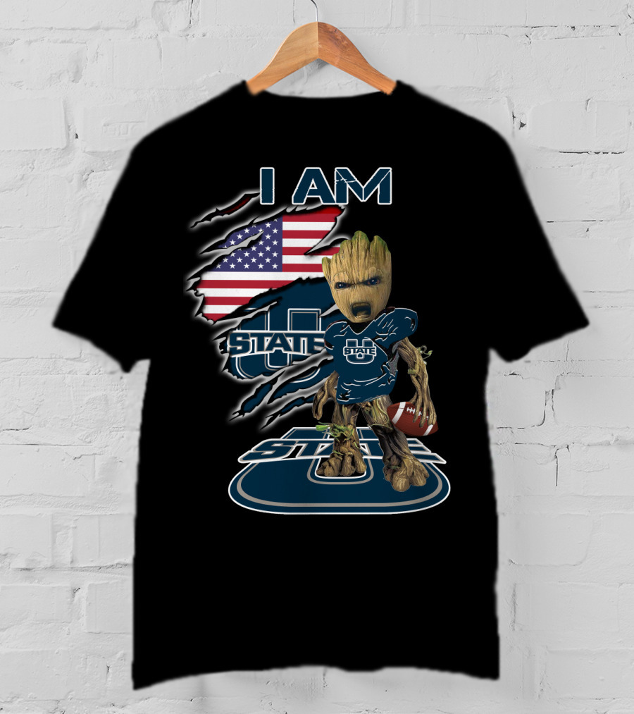 I AM Utah State Baby Groot Football American Flag T-Shirt