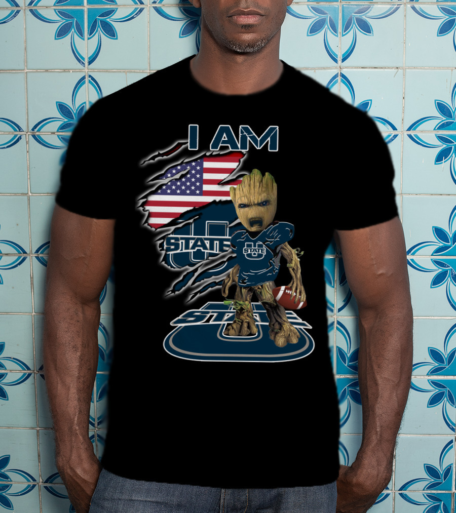 I AM Utah State Baby Groot Football American Flag T-Shirt