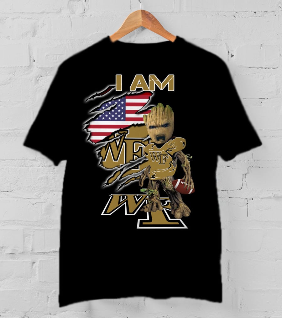 I Am Wf Wake Forest Baby Groot American Flag Football T-Shirt