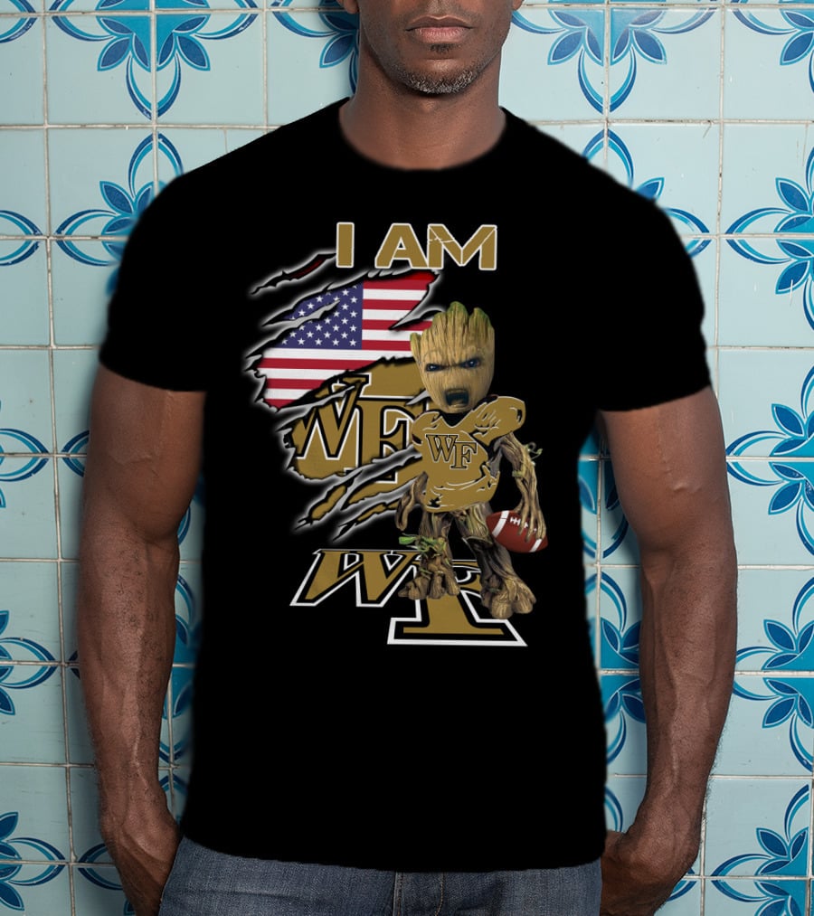 I Am Wf Wake Forest Baby Groot American Flag Football T-Shirt