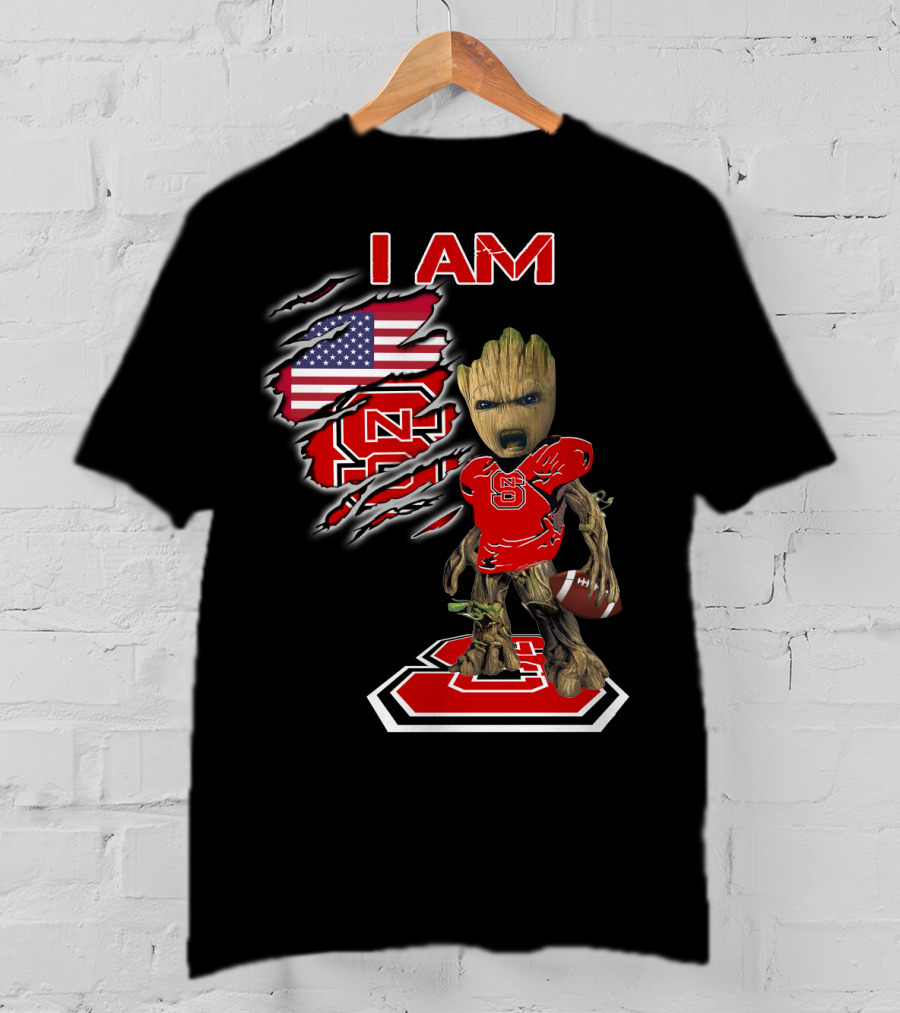 I Am Nc State Baby Groot Football American Flag Usa T-Shirt