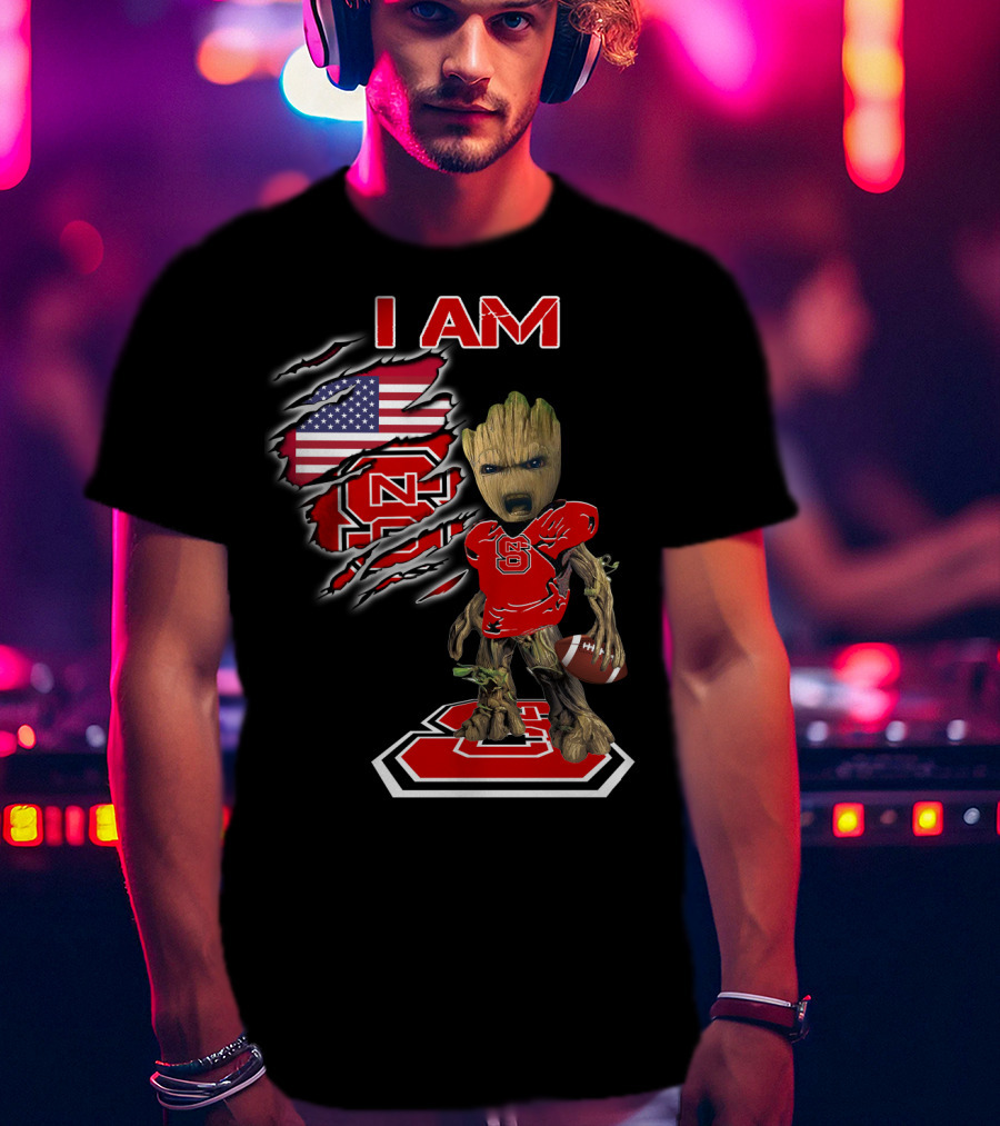 I Am Nc State Baby Groot Football American Flag Usa T-Shirt