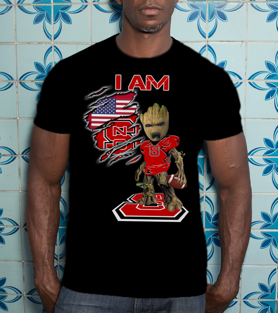 I Am Nc State Baby Groot Football American Flag Usa T-Shirt