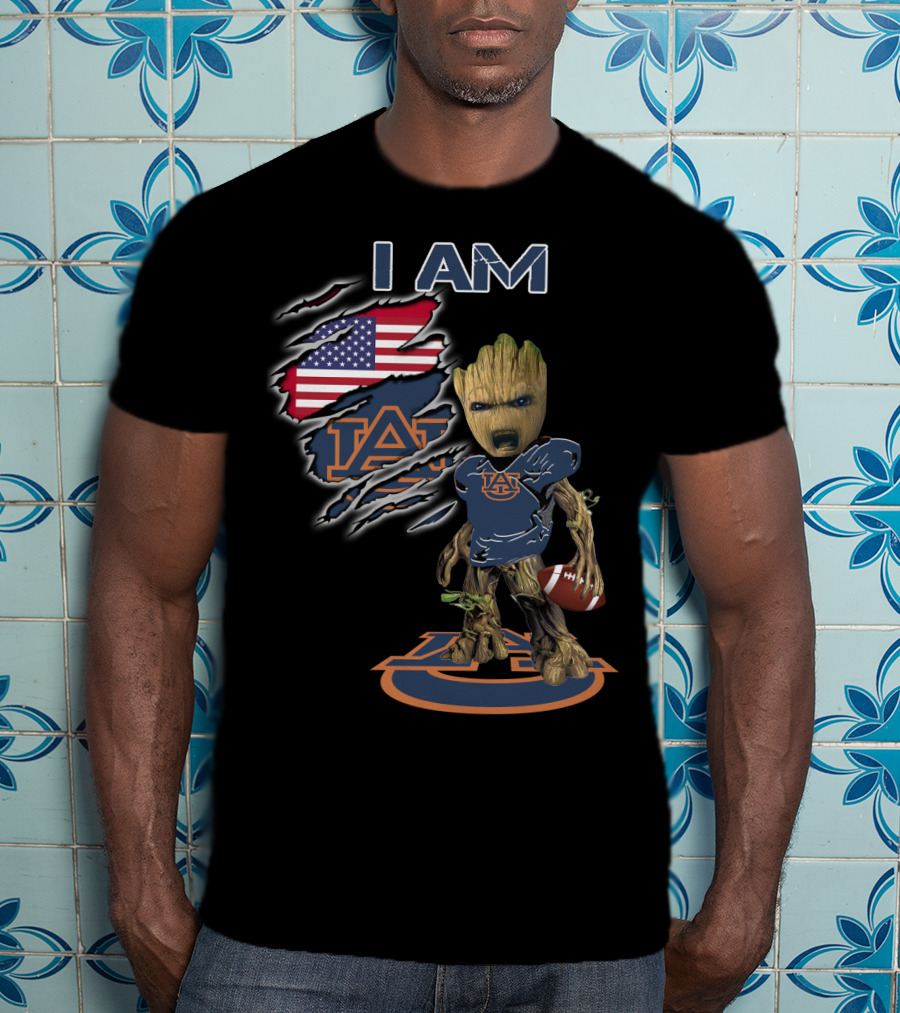I Am Auburn Baby Groot Football USA Flag T-Shirt