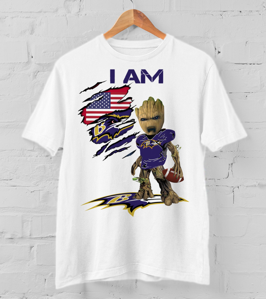 I Am Baby Groot Baltimore Ravens American Flag Football T-Shirt