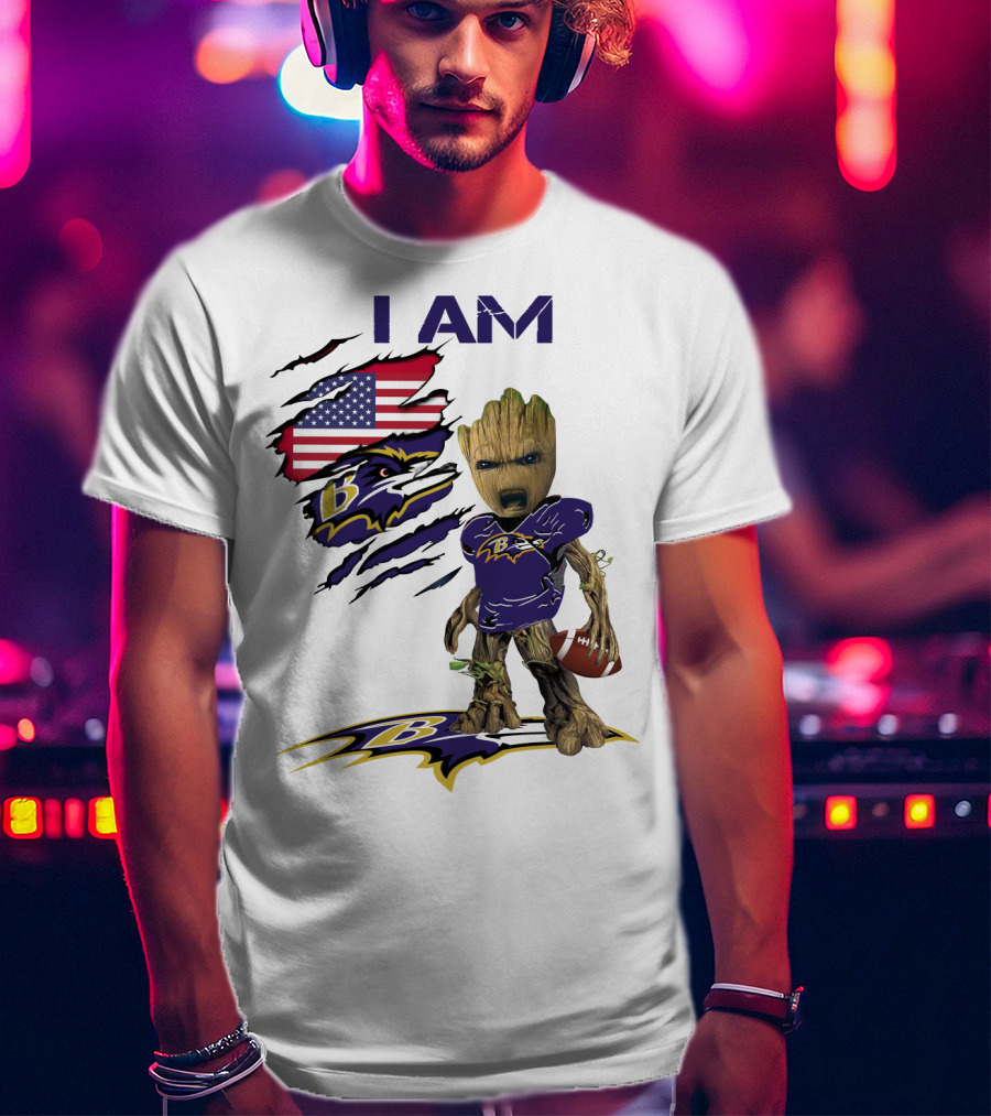 I Am Baby Groot Baltimore Ravens American Flag Football T-Shirt