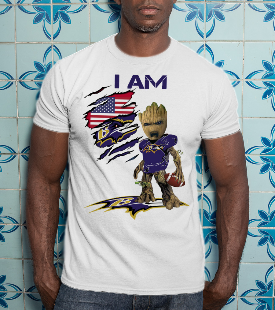 I Am Baby Groot Baltimore Ravens American Flag Football T-Shirt