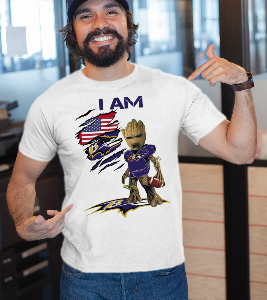 I Am Baby Groot Baltimore Ravens American Flag Football T-Shirt