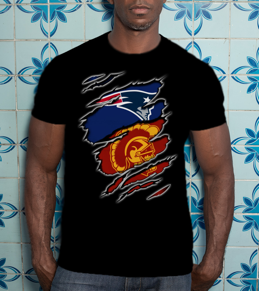 Patriots And Trojans Logo Mashup Ripped T-Shirt