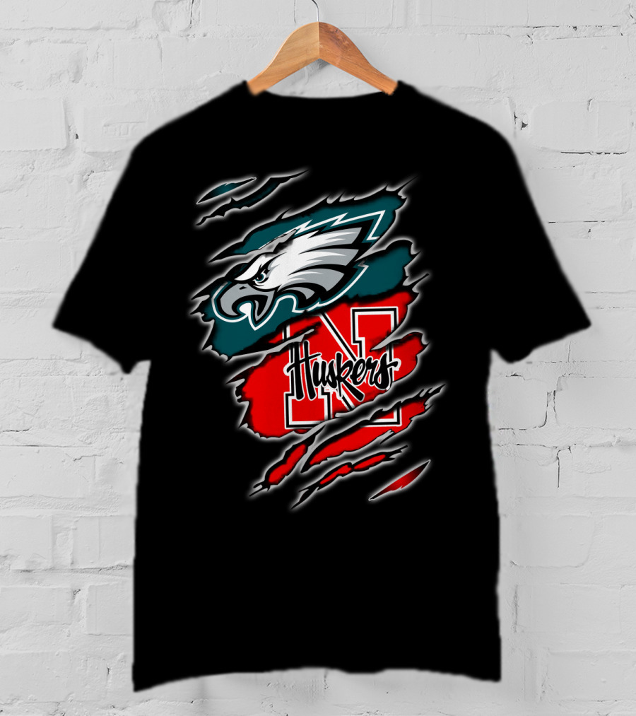 Philadelphia Eagles Nebraska Huskers Football Fan Logo Torn T-Shirt