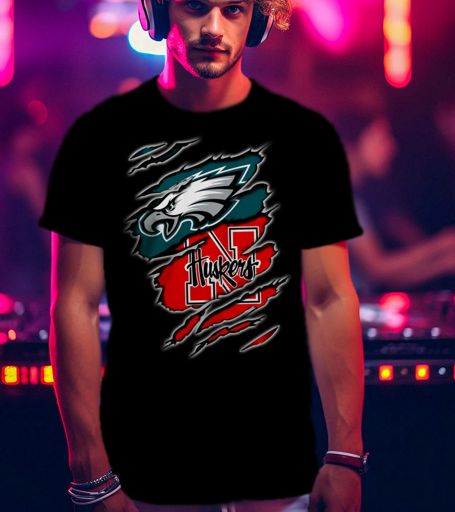 Philadelphia Eagles Nebraska Huskers Football Fan Logo Torn T-Shirt