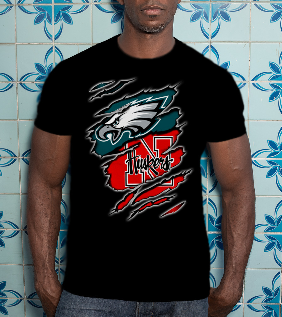 Philadelphia Eagles Nebraska Huskers Football Fan Logo Torn T-Shirt