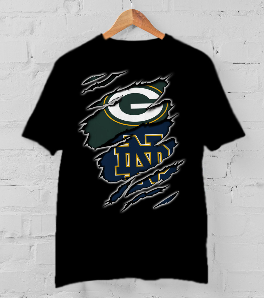 Packers G Green Bay Notre Dame Nd Blue Gold Logo Ripped Torn T-Shirt