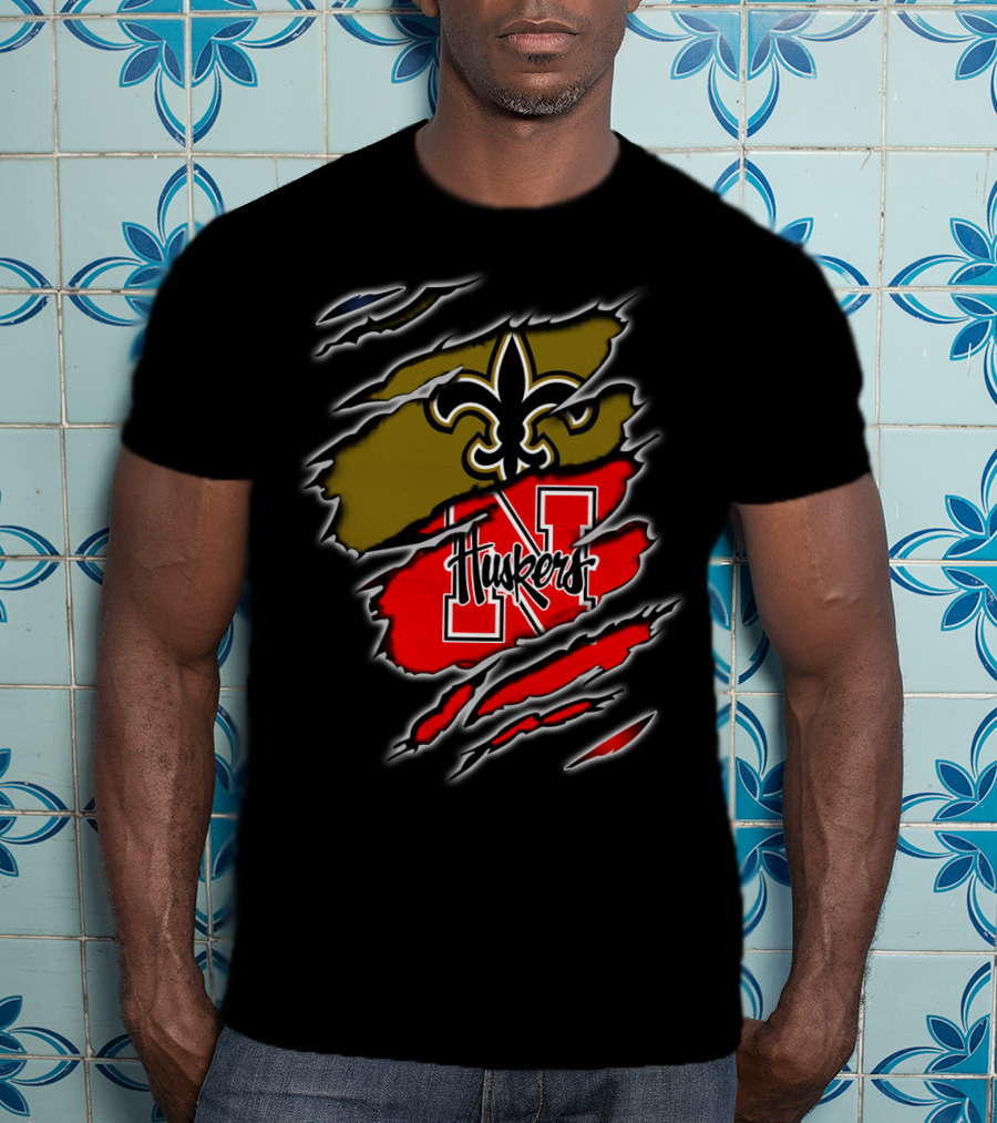 Huskers N Logo And Fleur-de-Lis Saints Logo Claw T-Shirt