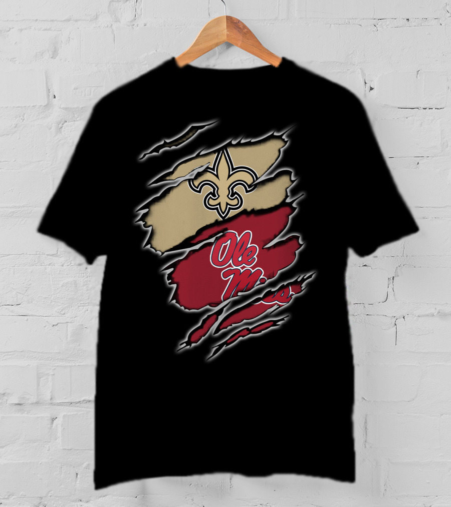 Saints Fleur-de-Lis And Ole Miss Logo Claw Mark T-Shirt