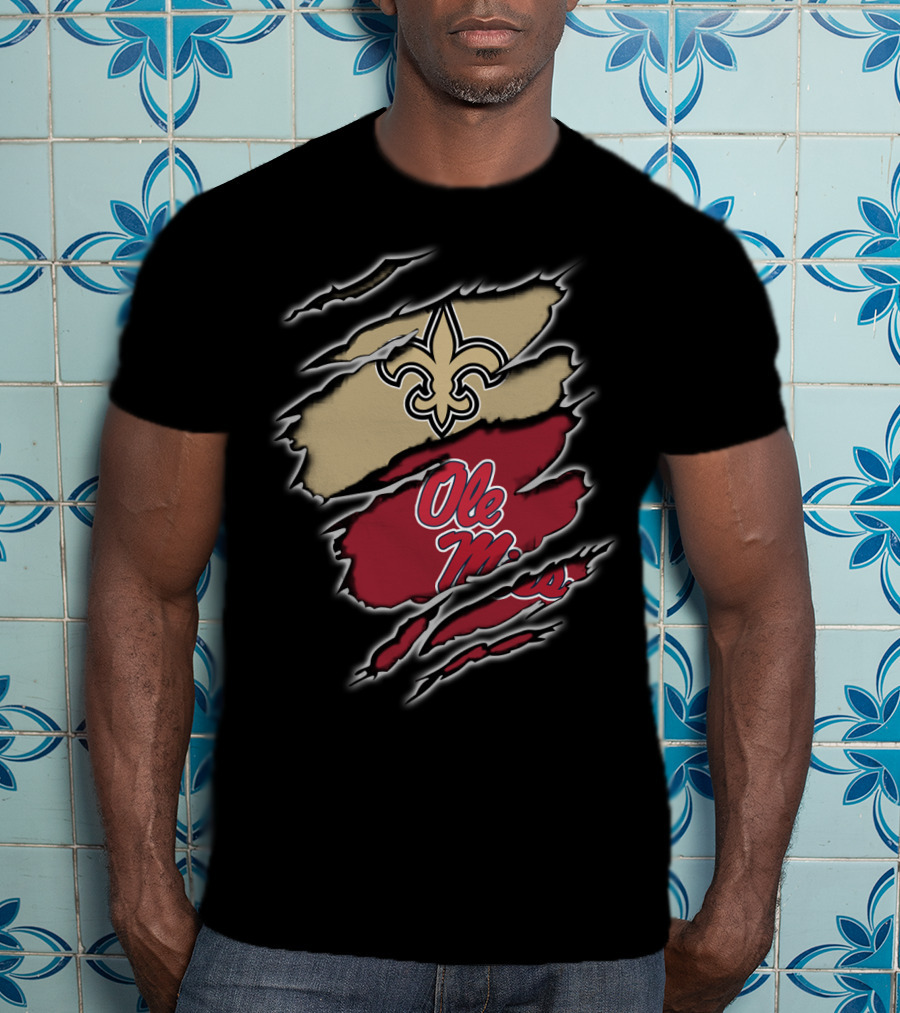 Saints Fleur-de-Lis And Ole Miss Logo Claw Mark T-Shirt