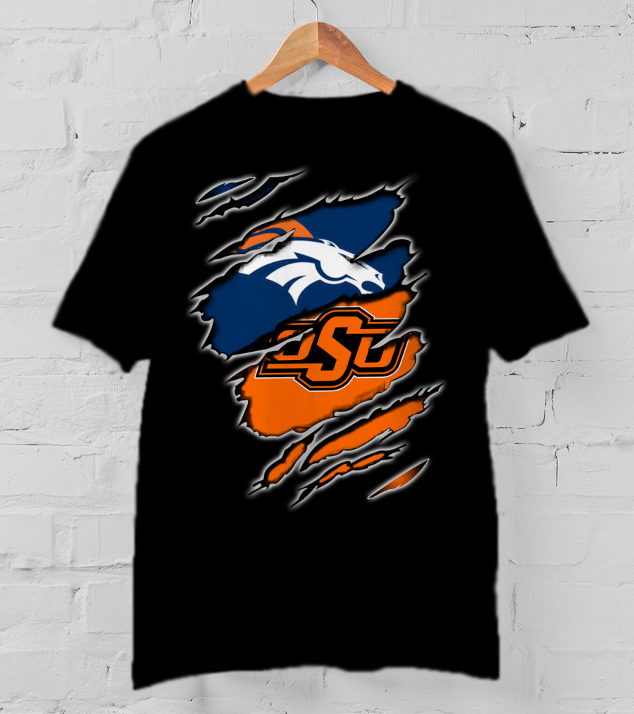 Denver Broncos Oklahoma State Osu Ripped Design Integration T-Shirt