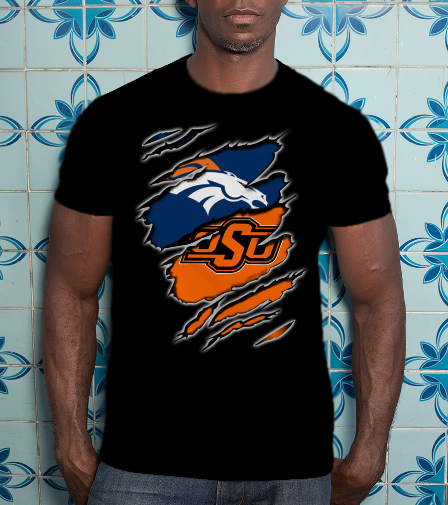 Denver Broncos Oklahoma State Osu Ripped Design Integration T-Shirt