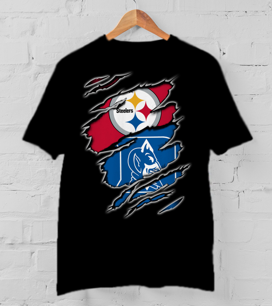 Steelers Duke Blue Devils Ripped Emblem Combination T-Shirt