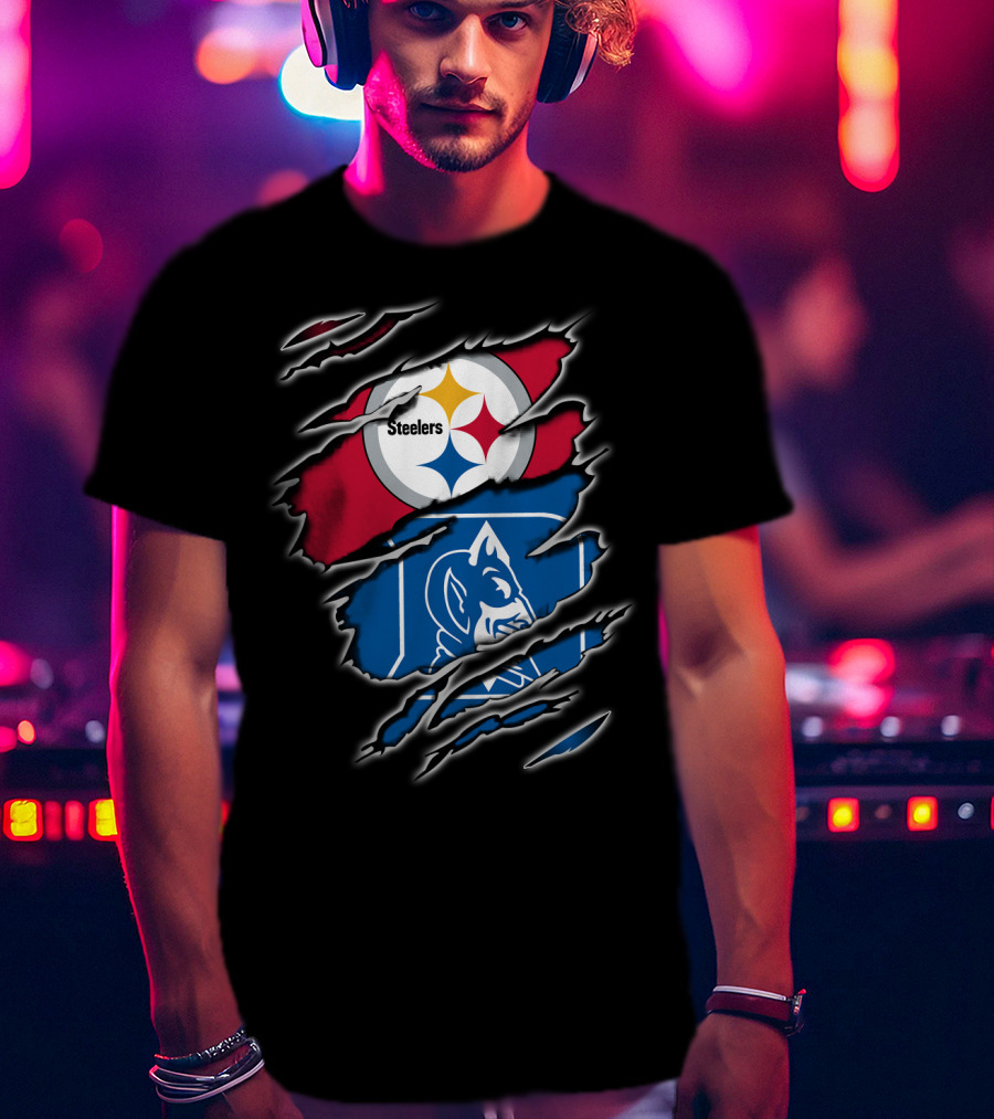 Steelers Duke Blue Devils Ripped Emblem Combination T-Shirt